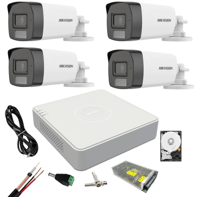 Sistema de vigilância Hikvision 4 Câmeras de luz dupla 5 MP com microfone Luz branca 40 m IR DVR 4 canais 4 MP lite, acessórios e disco rígido incluídos