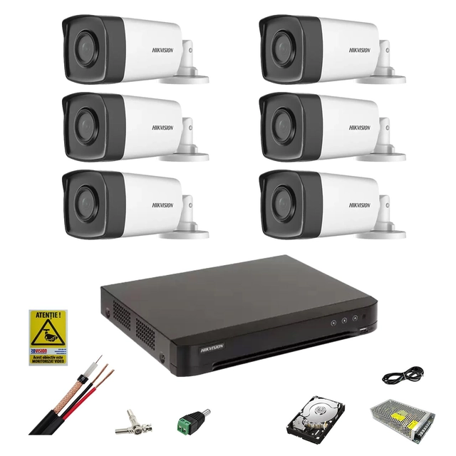 Sistema de vigilancia Hikvision 6 cámaras 5MP 2.8mm, IR 40m, DVR 8 canales 8MP, accesorios, disco duro 1TB