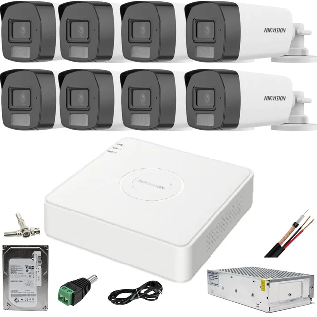 Sistema de vigilância Hikvision 8 câmeras coloridas vue 2MP Luz dupla, microfone, IR 40m DVR de luz branca 4MP acu sense com acessórios incluídos e HDD 1TB