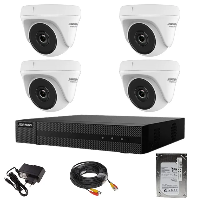 Sistema de vigilância Hikvision Série HiWatch 4 câmeras 2MP IR 20M DVR 4 canais com acessórios HDD 500GB