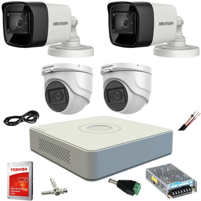 Sistema de vigilância misto completo Hikvision 4 Câmeras Turbo HD 5 MP 20 m IR e 80 ir DVR 4 canais com todos os acessórios HDD GIFT 1TB