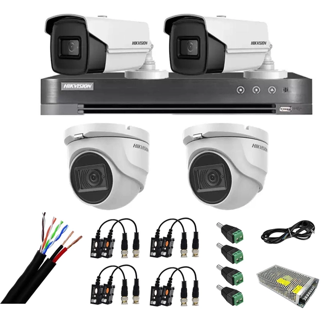 Sistema de vigilancia mixto 4 cámaras: 2 cámaras interiores 8MP IR 30m, 2 cámaras exteriores 4 en 1, 8MP, IR 80m, DVR % p9/% canales 4K 8MP, accesorios