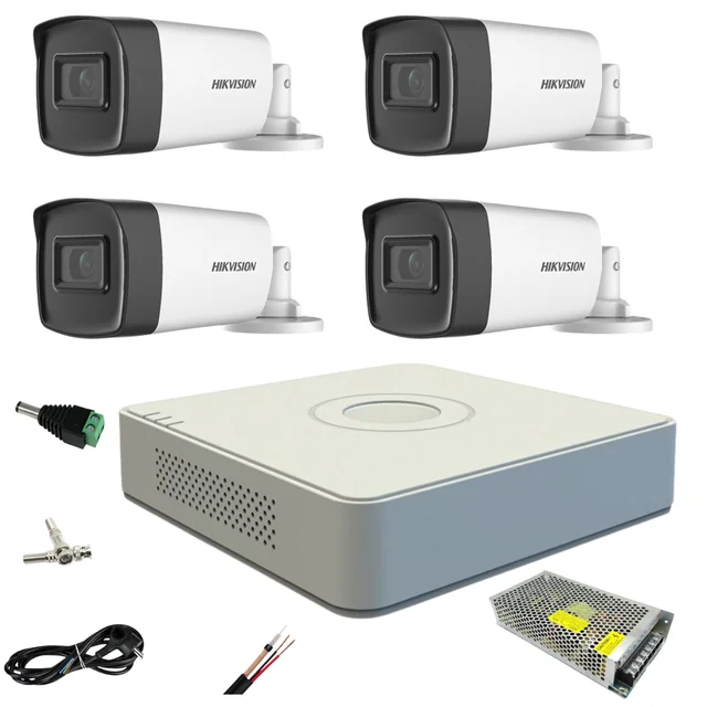 Sistema de vigilância por vídeo Hikvision 4 câmeras externas 5MP Turbo HD 2 com IR 80M e 2 com IR 40M, acessórios completos