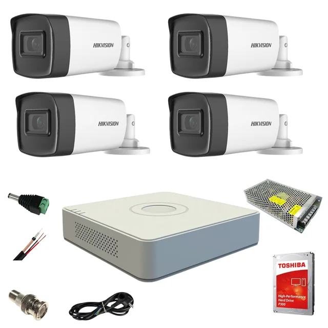 Sistema de vigilância por vídeo Hikvision 4 câmeras externas 5MP Turbo HD com IR 40M DVR 4 acessórios de canais completos com HARD 1TB internet ao vivo