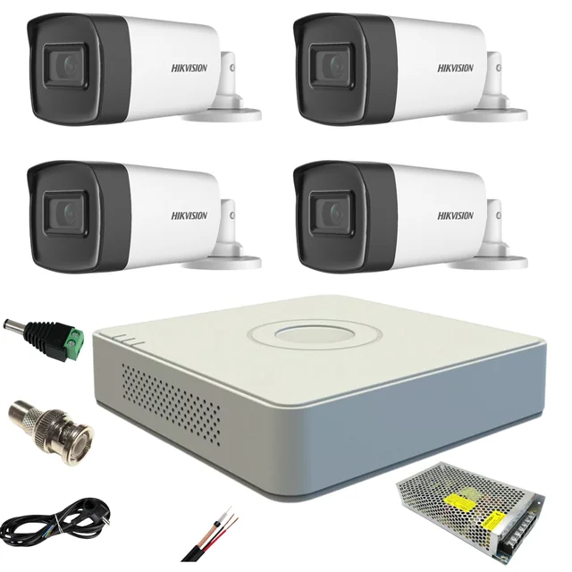 Sistema de vigilância por vídeo Hikvision 4 câmeras externas 5MP Turbo HD com IR 40M DVR 4 canais completos acessórios com cabo coaxial internet ao vivo