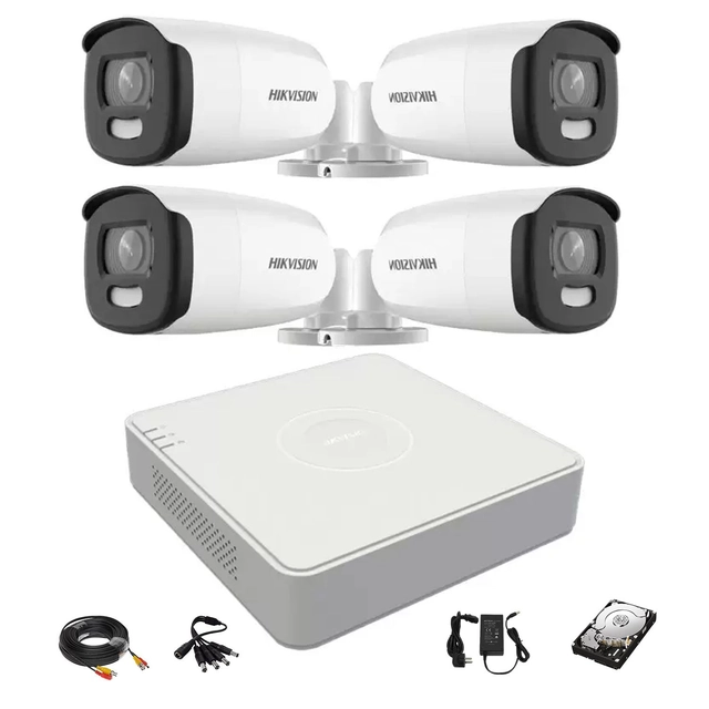 Sistema de vigilância por vídeo Hikvision 4 Câmeras externas ColorVu 5MP, luz branca 40m, DVR 4 Canais Hikvision, acessórios, disco rígido