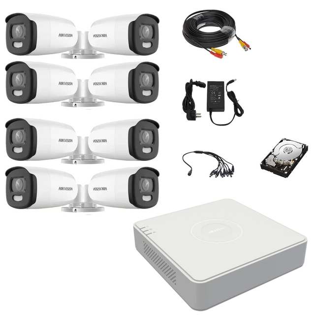 Sistema de vigilância por vídeo Hikvision 8 Câmeras externas ColorVu 5MP, luz branca 40m, DVR 8 Canais Hikvision, acessórios, disco rígido