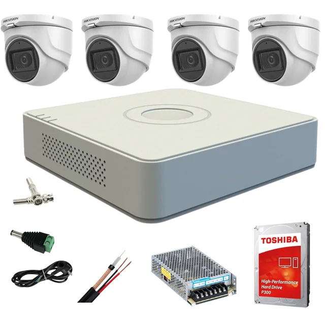 Sistema de vigilância por vídeo interno Hikvision 4 Câmeras Turbo HD 5MP IR 20m DVR 4 canais com todos os acessórios incluídos HDD GIFT 1TB