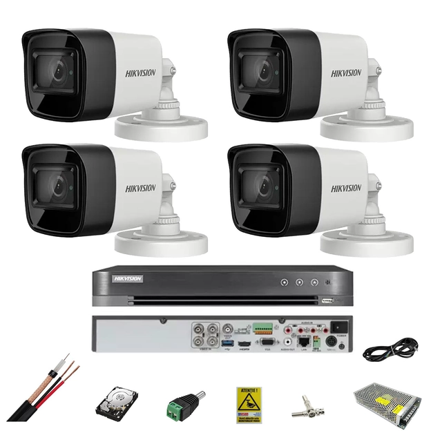 Sistema di sorveglianza 4 Telecamere Hikvision 8MP, 2.8mm, IR 30m, DVR 4 canali 8MP, accessori, hard disk