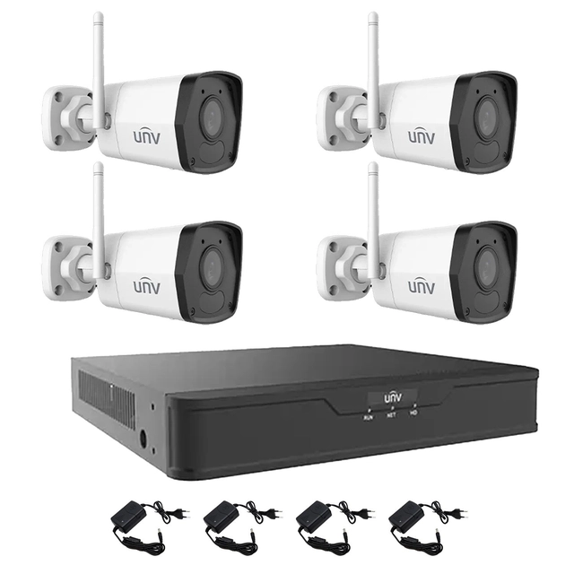 Sistema di sorveglianza 4 telecamere IP Wi-Fi 2MP, Smart IR 30m, microfono integrato, NVR 4 canali 4K UNV, accessori