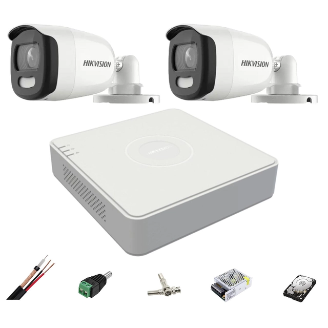 Sistema di sorveglianza Hikvision 2 telecamere 5MP 2.8mm ColorVU, luce bianca 20m, DVR 4 canali, accessori, disco rigido 1TB