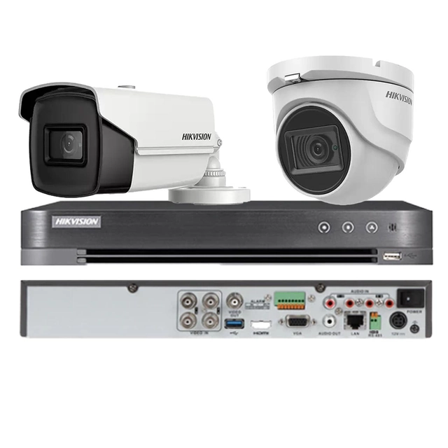 Sistema di sorveglianza misto Hikvision 2 telecamere, 1 dome 8MP 4 in 1, IR 30m, 1 bullet 4 in 1 %p9/ % 3.6mm, IR 80m, DVR 4 canali 4K 8MP