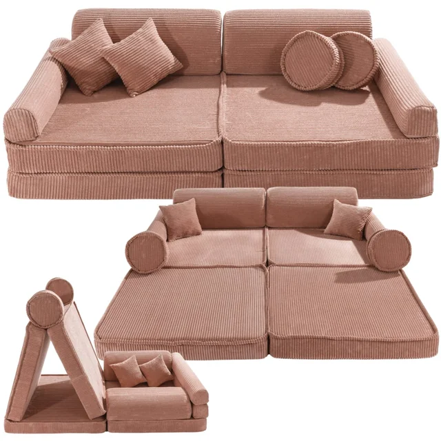 Sofá de veludo infantil premium, rosa claro, construção modular, confortável