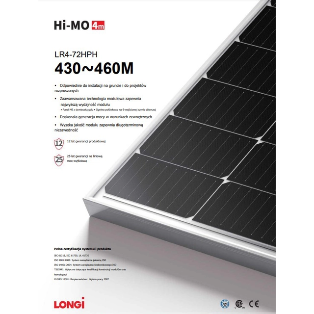 Solární modul FV panel 460W Longi LR4-72HPH-460M Hi-MO 4m Stříbrný rám Stříbrný rám