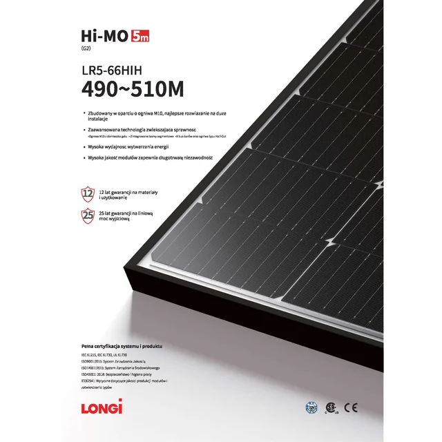 Solární modul FV panel 495W Longi LR5-66HIH-495M Hi-MO 5M Stříbrný rám Stříbrný rám