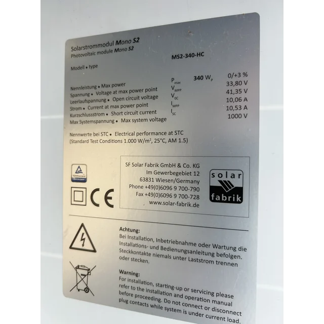 solárny modul; FV modul; Solar Fabrik Mono S2 – polovičný rez 340W