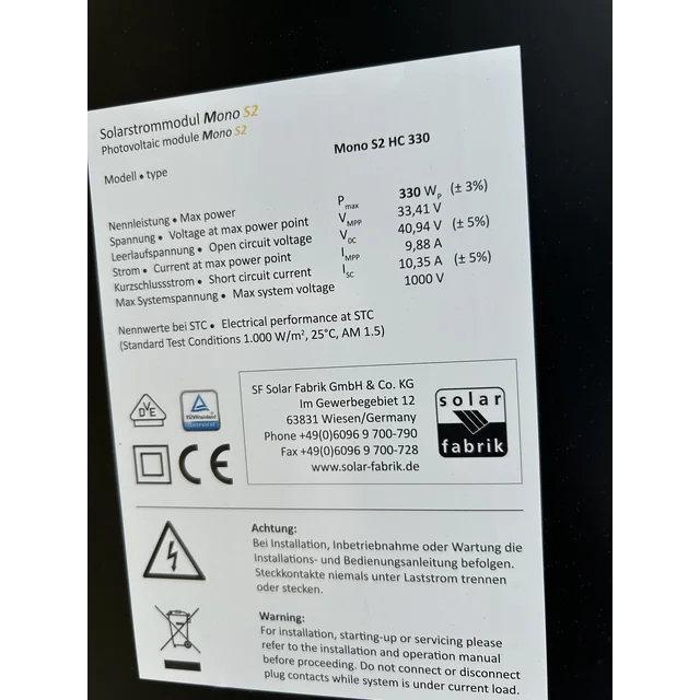 solcellemodul; PV-modul; Solar Fabrik Mono S2 HC 330