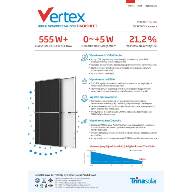 Solcellemodul PV Panel 550Wp Trina Vertex TSM-DE19 550 Sølvramme