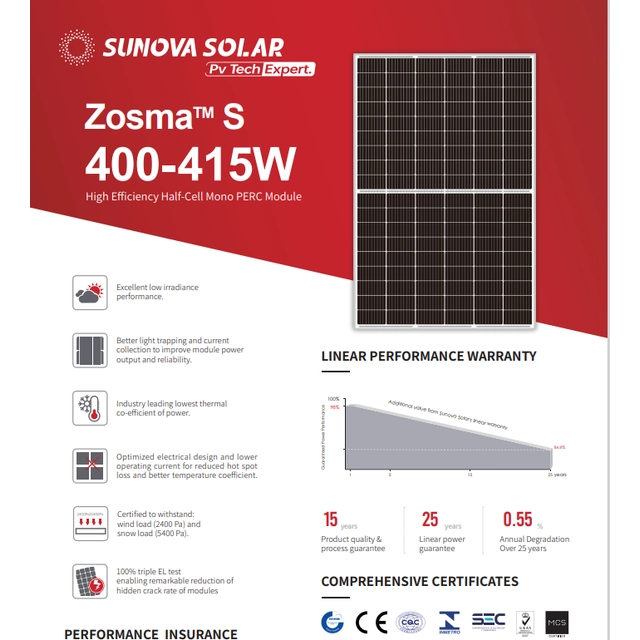 Solcellepaneler Sunova Zosma 410W - Minimum ordre 1 beholder