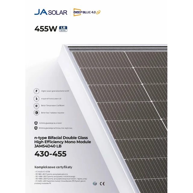 Solcellsmodul PV-panel 435Wp Ja Solar JAM54D41-435/LB_FB Djupblå 4.0 Pro N-Type Dubbelglas Bifacial Helsvart