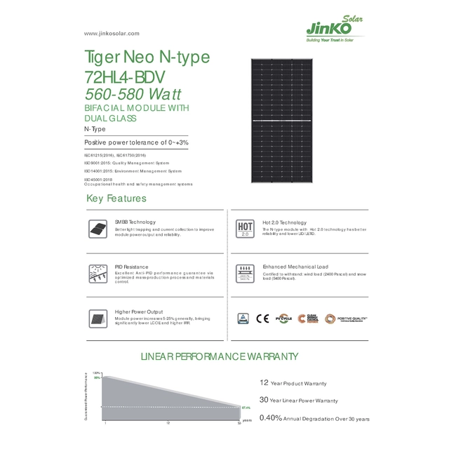 Solcellsmodul PV-panel 570Wp JINKO JKM570N-72HL4-BDV Bifacial Glas Glas N-Typ Silver Ram