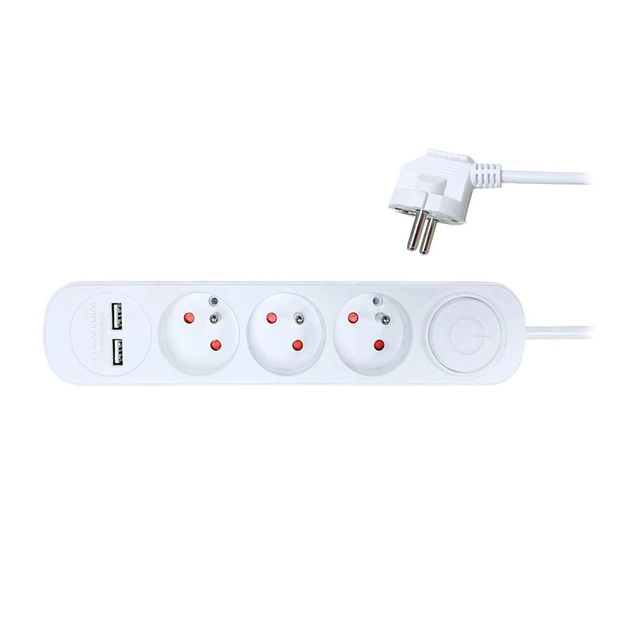 Solight extension cable, 3 sockets, USB 2.4A, white, 3 x 1mm2, switch, 2m