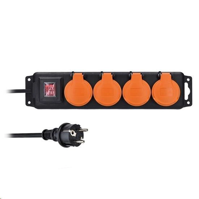 Solight extension lead IP44, 4 sockets, rubber cable, switch, outdoor,, 5m