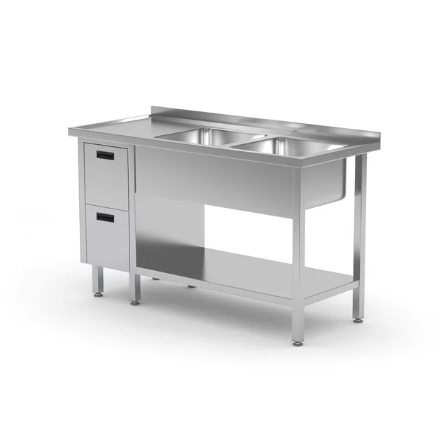 Stainless steel table with 2 sinks + 2 drawers + shelf 150x70x85 Polgast