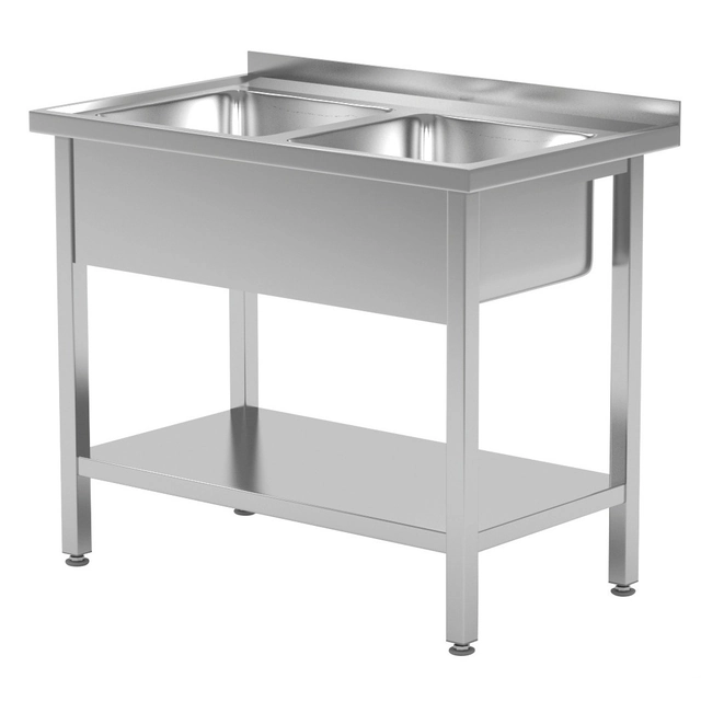 Stainless steel table with a shelf + 2 sinks 100x70x85 | Polgast