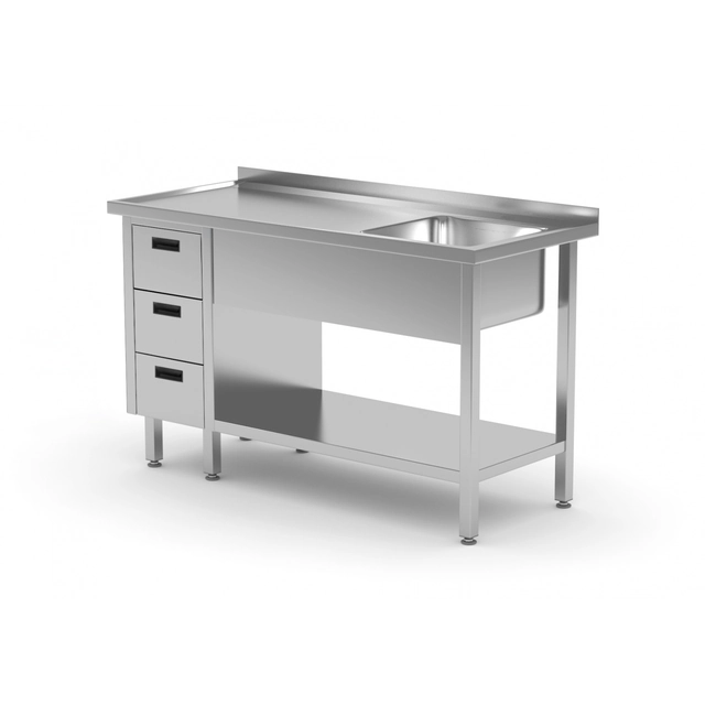 Stainless steel table with a shelf + sink + 3 drawers 160x70x85 | Polgast