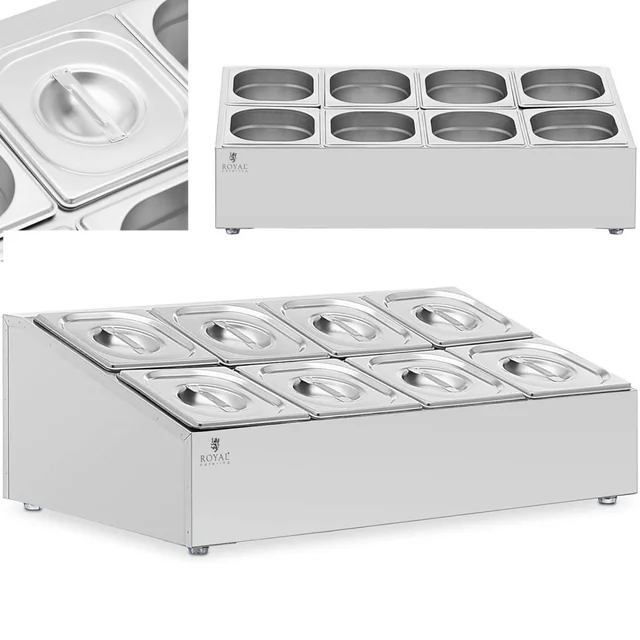 Stand de prezentare pentru containere catering 8 x GN 1/6 + recipiente cu capace