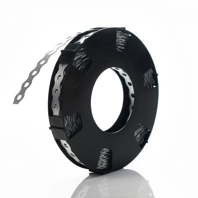 Steel mounting tape 12mmx0,75mmx10m, perforated, in a container that allows unwinding