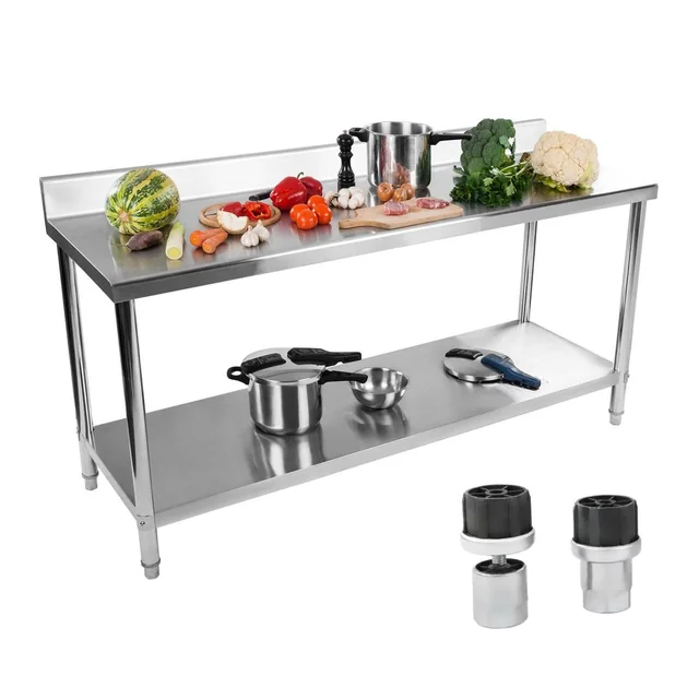 Steel worktop table for wall catering use with edge and shelf 200x60cm