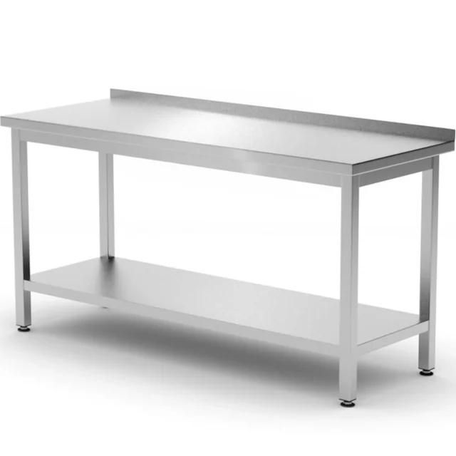 Stůl s nástěnnou pracovní deskou s okrajem a policí Budget Line STAL 1200 x 600 x 850 mm - Hendi 817285