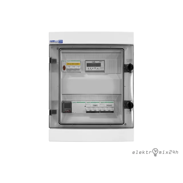 Surface-mounted, hermetic IP65 distribution board for protecting heat pumps with an electricity meter