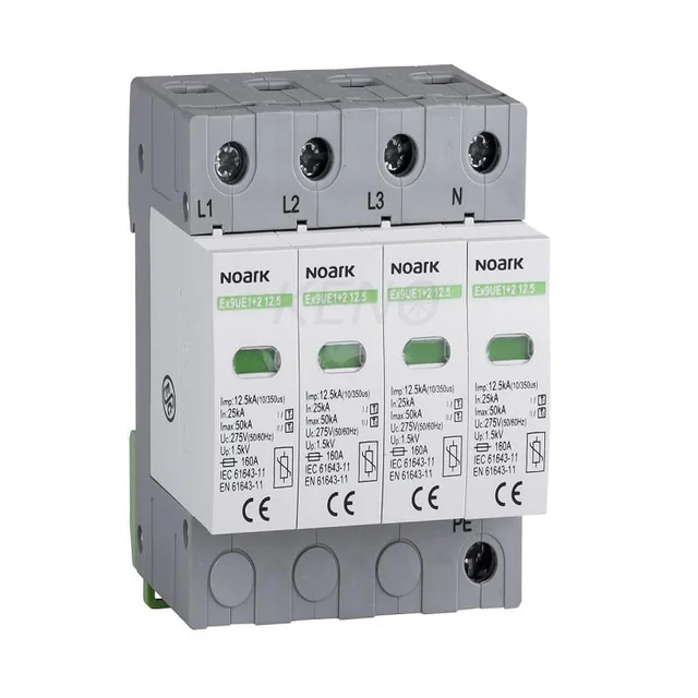 Surge arrester type I+II, 275 V AC, 12,5 kA, replaceable insert, 3+N-bieg.