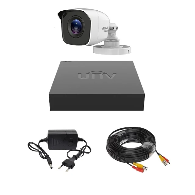 Surveillance kit 1 camera 4 in 1 Hikvision HiWatch 2MP Infrared 20 meters IP66, Uniview Hybrid DVR with 4 channels 2MP, Cable, Power supply