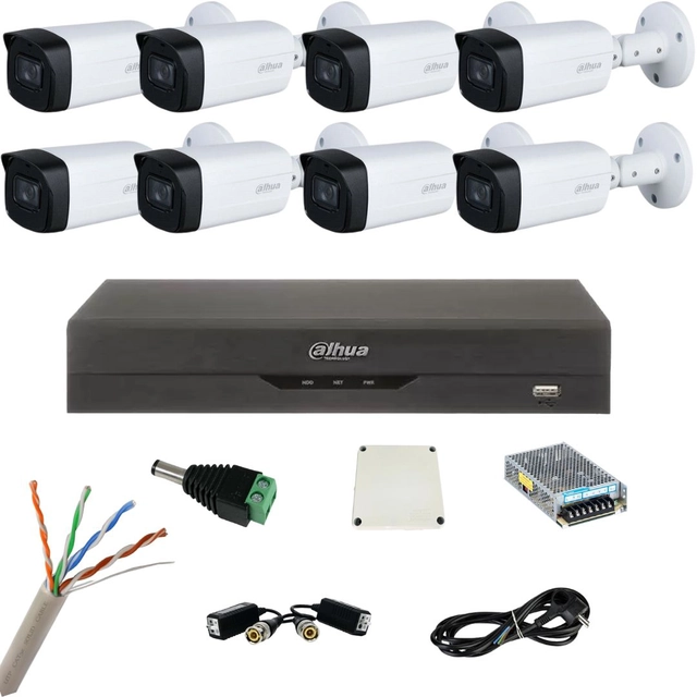 Surveillance kit with 8 Dahua cameras of 5 Megapixels, IR 80m, Starlight, DVR of 8 channels 8MP, Accessories