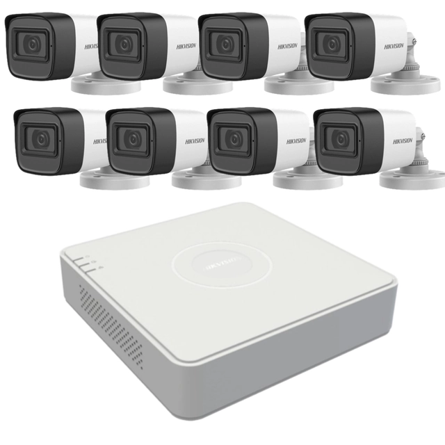 Surveillance kit with 8 Hikvision cameras of 2 Megapixels, 2.8mm, IR lens 30m, Microphone, DVR with 8 channels of 2 Megapixels