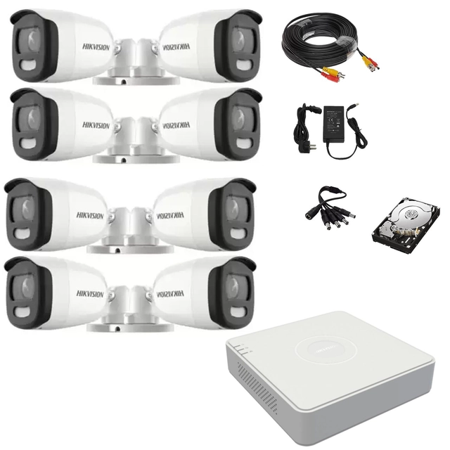 Surveillance system 8 ColorVU cameras 5MP Hikvision, 2.8mm, white light 20m, DVR 8 channels, mounting accessories, hard disk