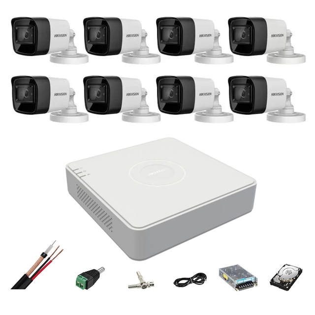 Surveillance system 8 Hikvision cameras 4 in 1 8MP, 3.6mm, IR 80m, DVR 8 channels, mounting accessories, Hard Disk