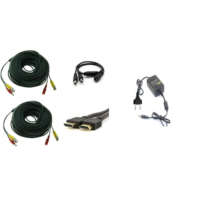 Surveillance system accessory kit for 2 cameras, ready-to-plug cables, HDMI cable, power supply, splitter