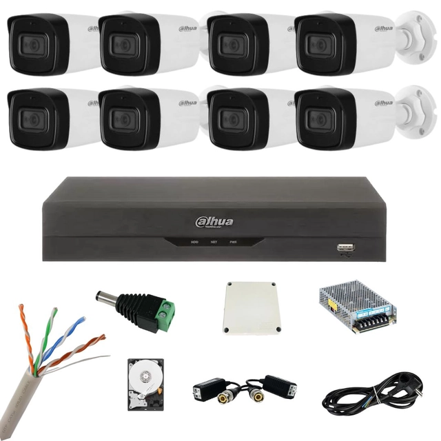 Surveillancesysteem met 8 Dahua camera's van 8 Megapixels, IR 80m, Microfoon, Dahua DVR van 8 kanalen 8MP, Hard, Accessoires