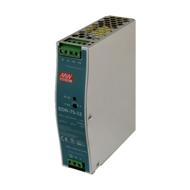 Switching power supply, 12V / 6.3A, DIN rail - MEAN WELL EDR-75-12