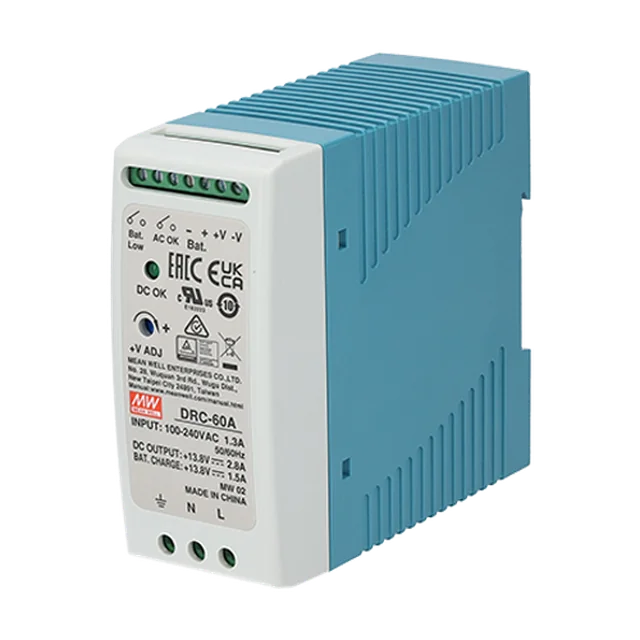 Switching power supply, 13.8V / 4.3A, DIN rail, BackUp - MEAN WELL DRC-60A