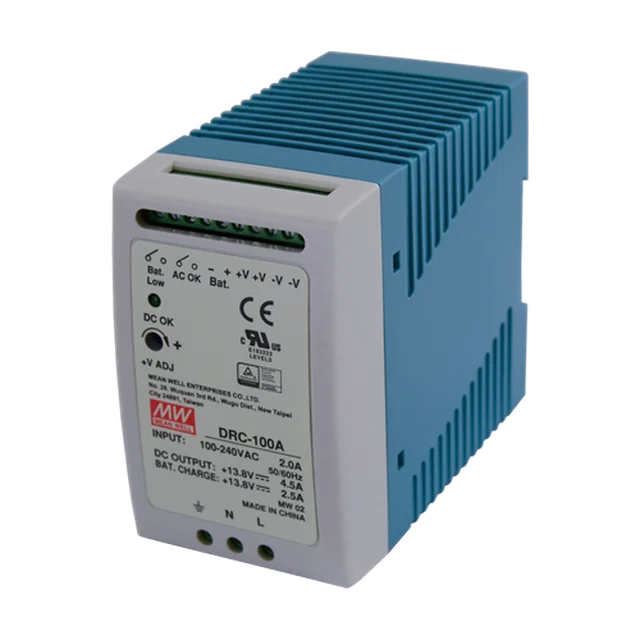 Switching power supply, 13.8V / 4.5A + 2.5A, DIN rail, backup - MEAN WELL DRC-100A