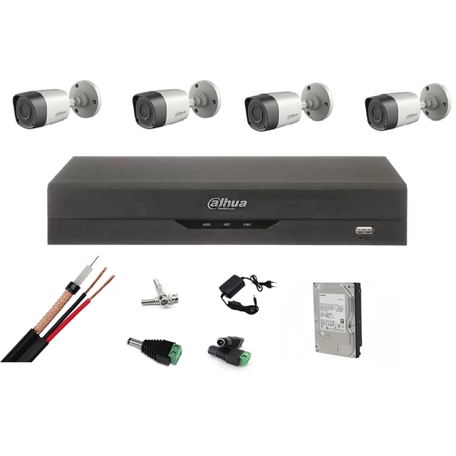 System 4 outdoor surveillance cameras DAHUA 2MP, DVR Pentabrid, accessories, hdd