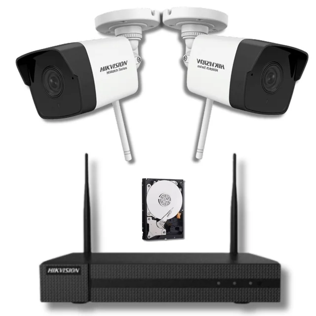 System monitoringu Hikvision Seria HiWatch 2 Kamery IP Wi-Fi 2 Megapiksele, IR 30m Mikrofon na karcie SD, NVR 4 kanałów 6 Megapiksele, Hard