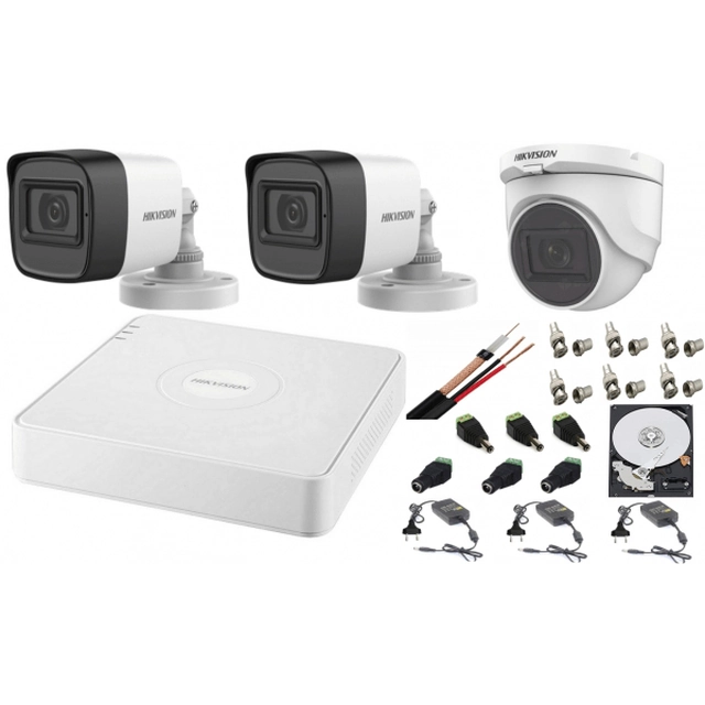 Système de surveillance audio-vidéo mixte Hikvision 3 Caméras Turbo HD 2MP DVR 4 canaux, disque dur 500GB