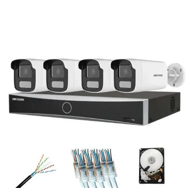 Système de surveillance complet 4 Caméras Hikvision 8MP Smart Dual Light 30m microphone, NVR 8 canaux, disque dur et accessoires d'installation inclus